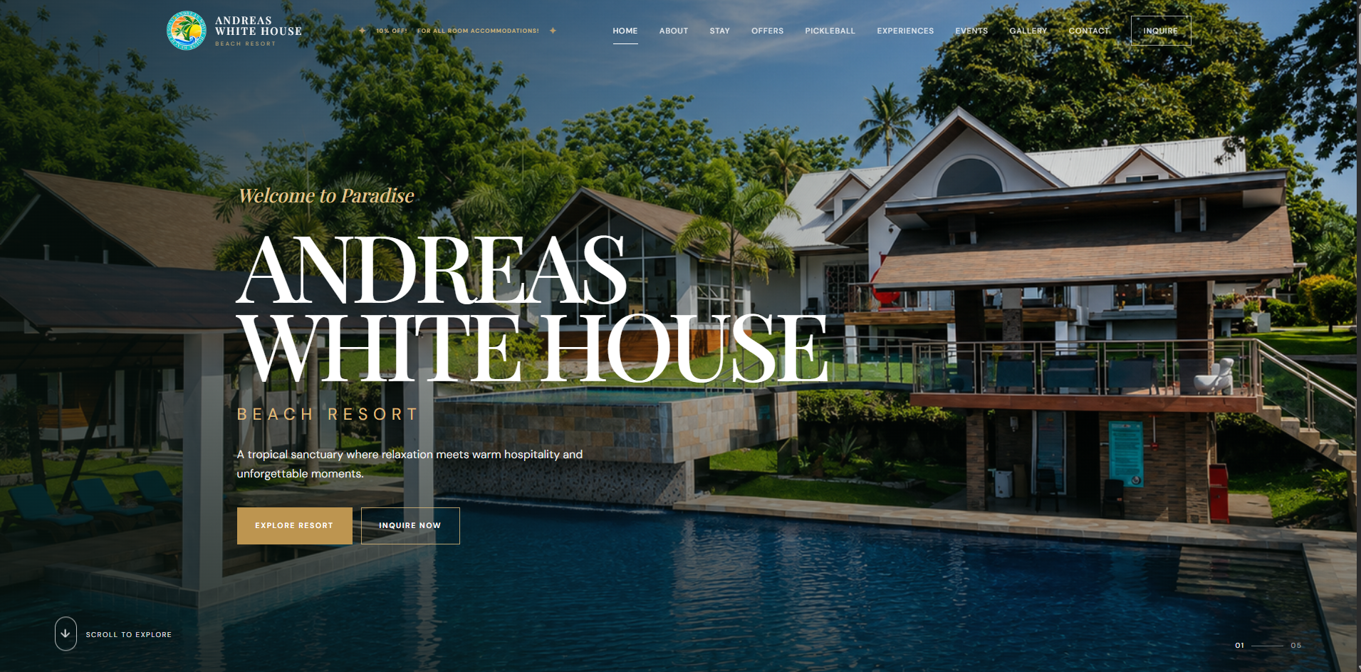 Andreas White House Beach Resort website screenshot